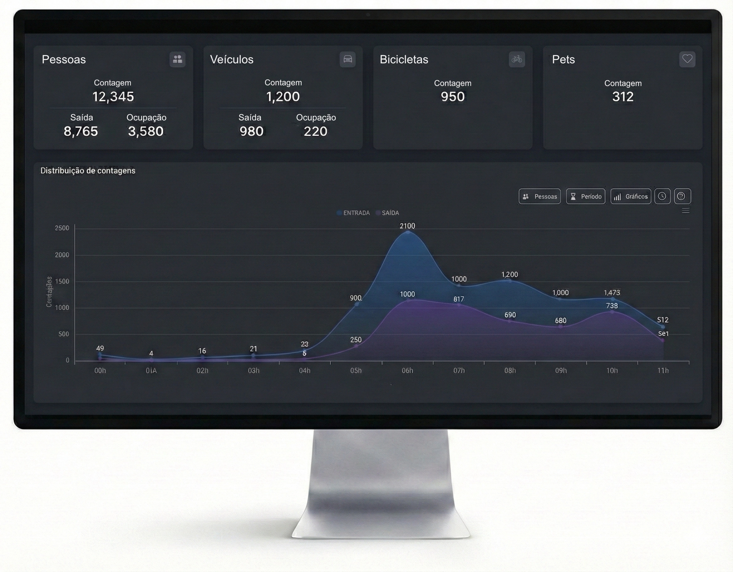 Dashboard IPXAnalytics exibindo métricas de visitantes, análise demográfica e gráficos de fluxo em tempo real